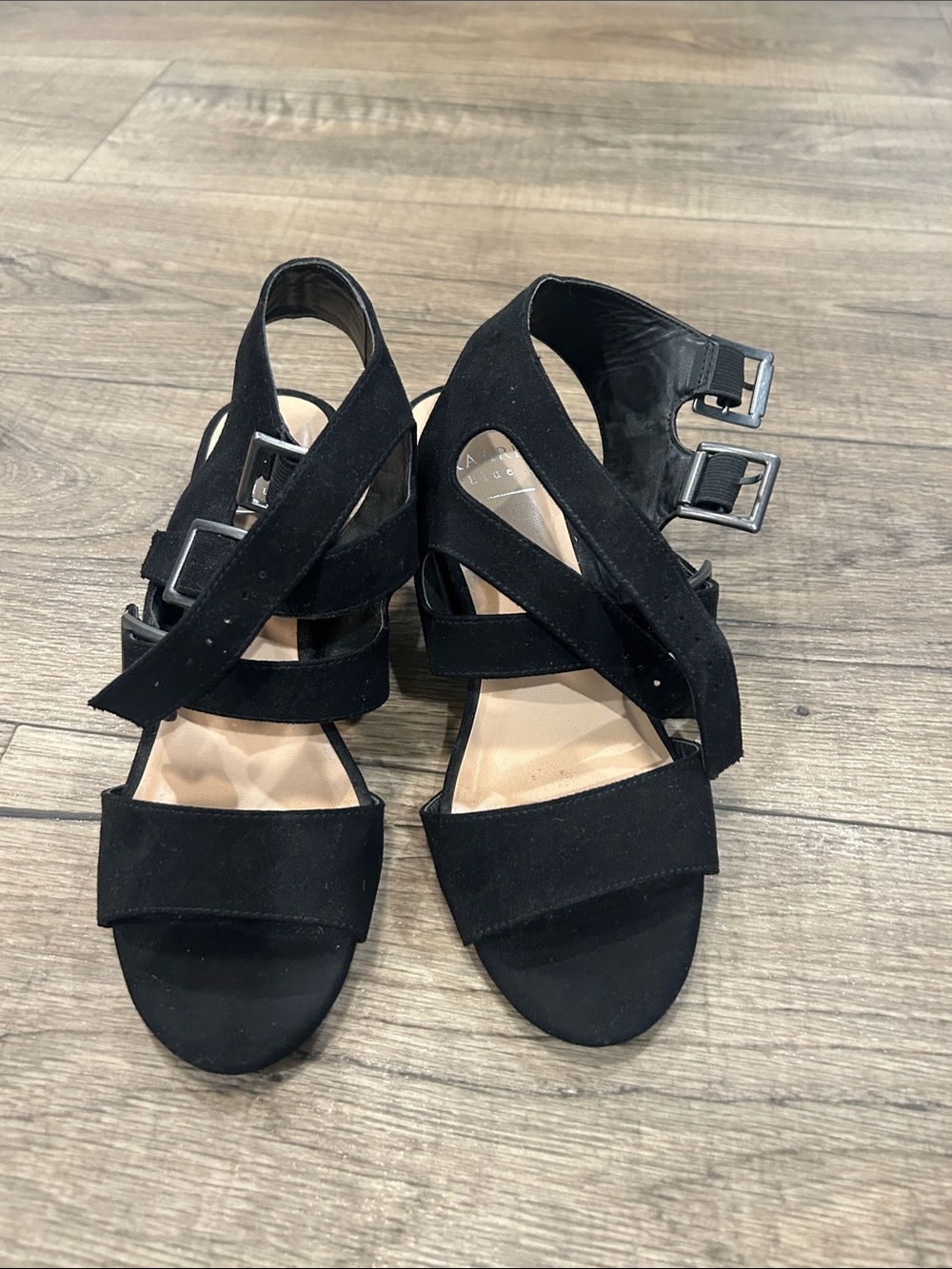 Kaari Blue Black Crisscross Buckle Heels